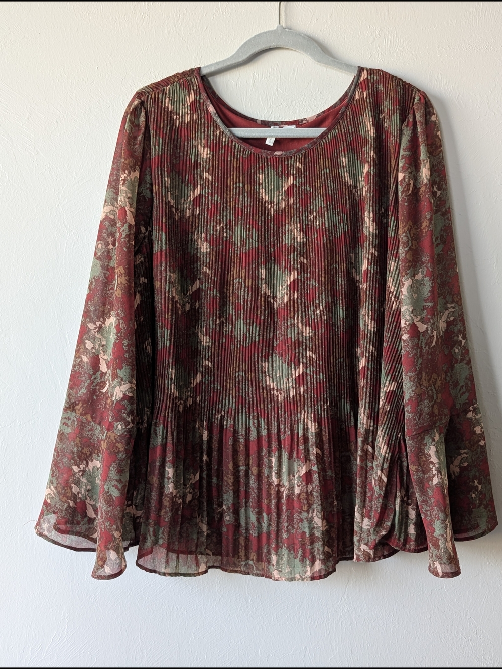 Cato Chiffon Flowy Brown Green Pleated Bell-Sleeve Blouse Size 18/20
